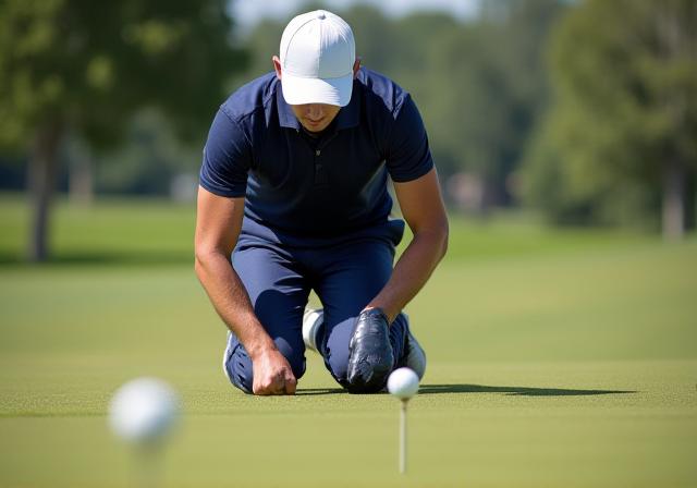 Golfista che studia la linea del putt durante una competizione